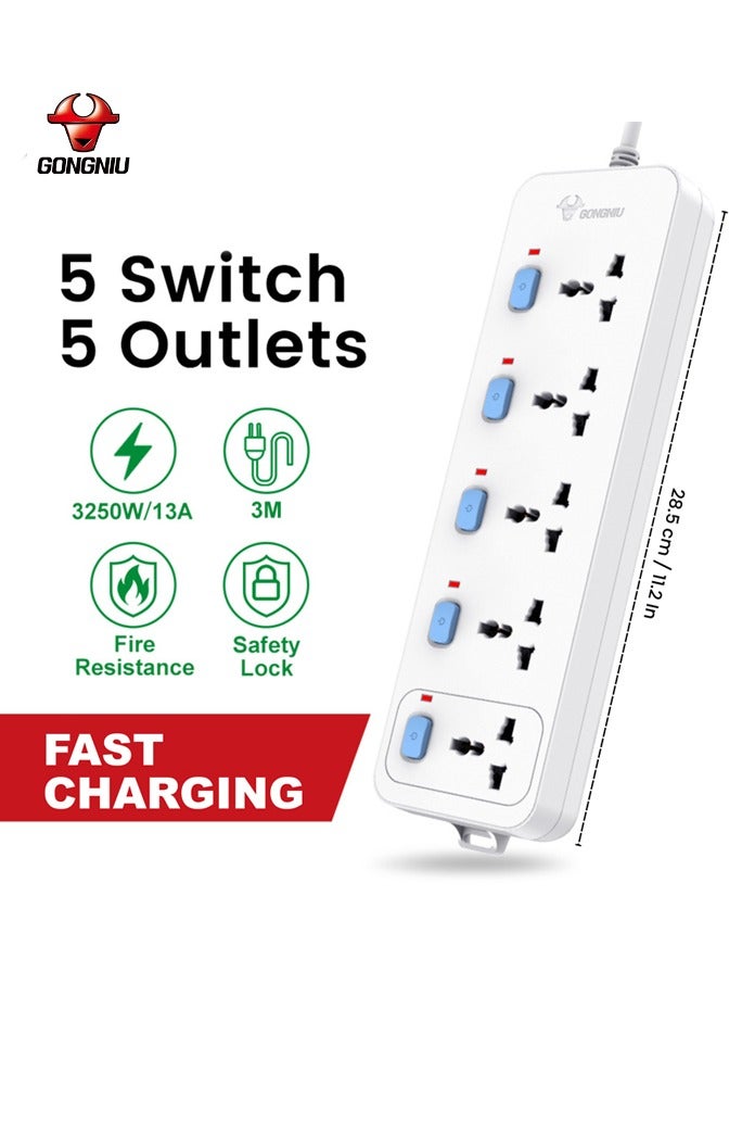 غونغنيو سلك تمديد كهربائي متعدد المقابس بطول 3 متر – لوحة تمديد مزودة بحماية من زيادة التيار، هيكل مقاوم للحريق، قفل أمان، تصميم جداري للمنزل والمكتب - Image 2
