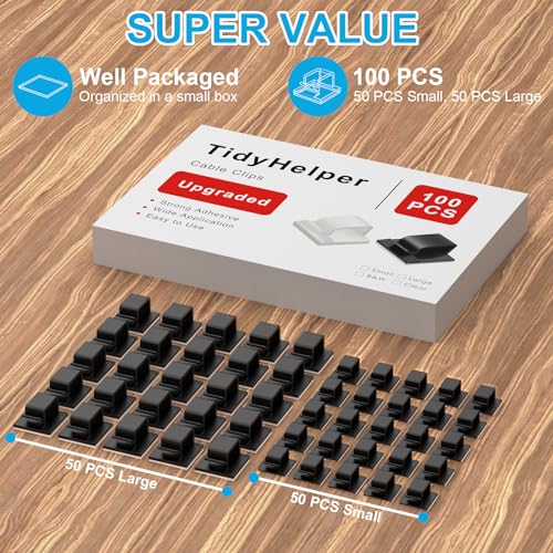 TidyHelper 100 PCS Adhesive Cable Clips Black (Small & Large), Upgraded Wire Holder for Wall Cord Organizer Cable Management Under Desk, Outdoor Light Clips Hooks for LED, Car Dash Cam, HDMI, Extension Cord - Image 2