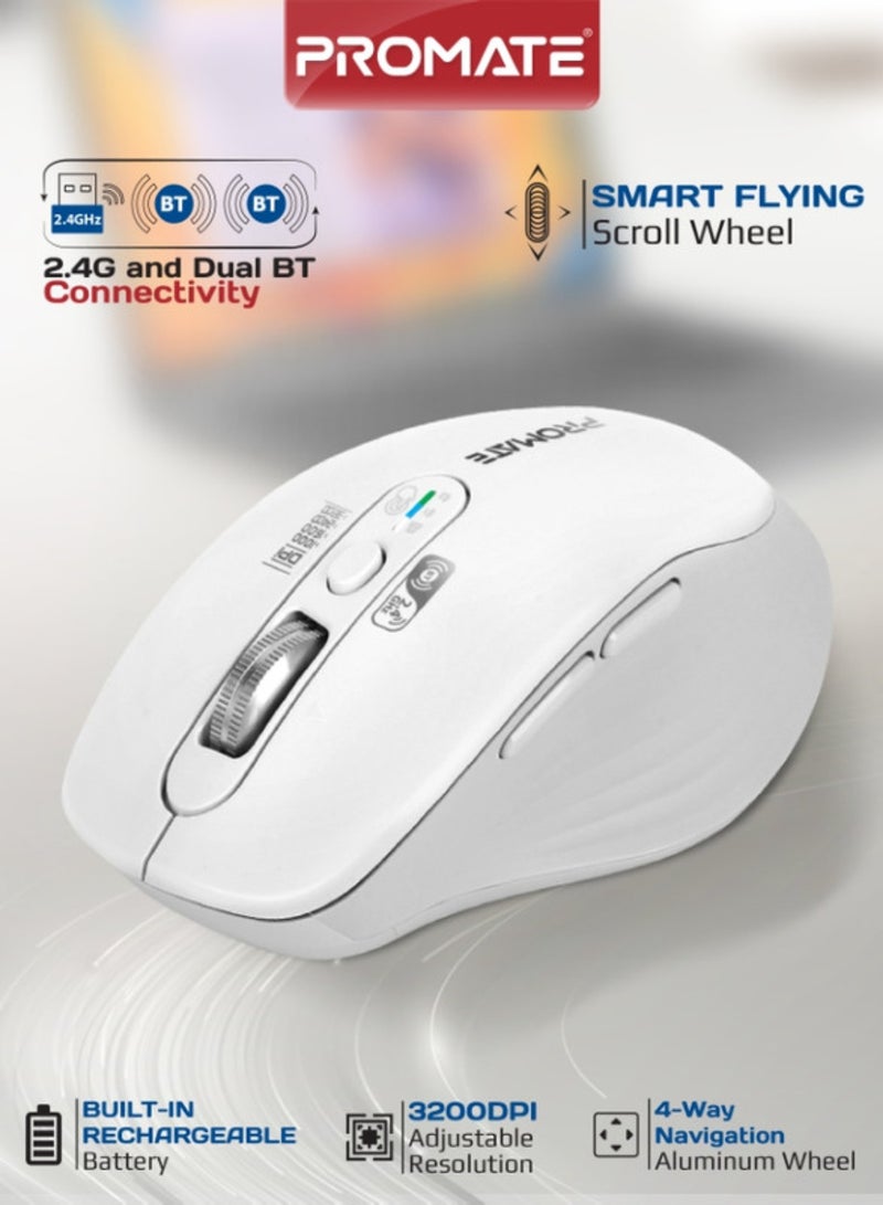 Promate SamoTri Rechargeable Wireless Mouse, Tri-Mode, Dual BT 5.0 + 2.4GHz, Smart Flying Scroll Wheel, 3200 DPI, USB-C Charging, Silent Operation, Mac/Windows/iPad/Android Compatibility White white