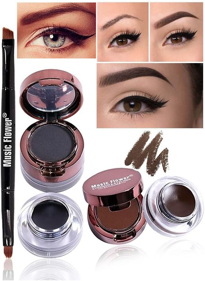 Music Flower 4 in 1 Black and Brown Gel Eyeliner and Eyebrow Powder Kit High Pigmented Waterproof Matte Smudge Proof Eye Liner 24 Hours Work Great with Eyebrow Double Side Eye Makeup Brush Included Makeup Gift Set  - Image 1
