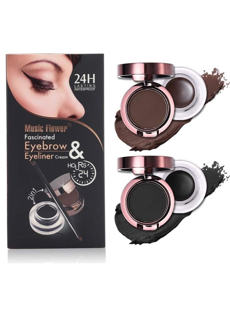 Music Flower 4 in 1 Black and Brown Gel Eyeliner and Eyebrow Powder Kit High Pigmented Waterproof Matte Smudge Proof Eye Liner 24 Hours Work Great with Eyebrow Double Side Eye Makeup Brush Included Makeup Gift Set  - Image 3