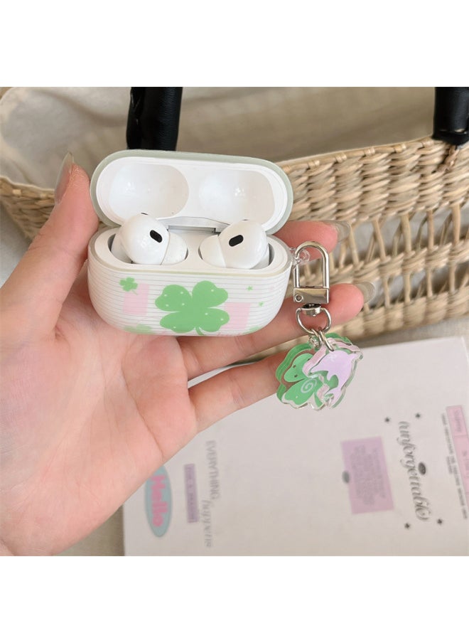 Generic - Small Fresh Four-leaf Clover AirpodsPro2 Earpiece Case For Apple 1/2/3/4 Generation Wireless Bluetooth Protective Cover-Color:Striped Four-leaf Clover + Pendant-Applicable Models:Airpods Pro (second Generation) - Image 1