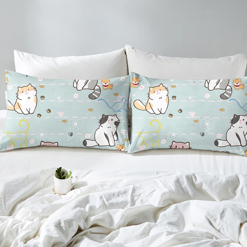 Kossmjx Cat Bedding Set Twin Size, Cartoon Cats Comforter for Girls Kids Teens, Blue Lovely Quilt Animal Pattern Comforter Set Soft Breathable Cute Duvet Set for All Season 2Pcs with Pillowcase - Image 3