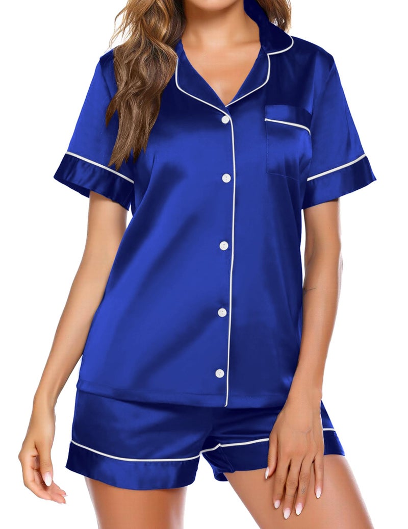 Ekouaer Pj Sets for Woman Silk Satin Pajama Set Summer Sleepwear Button Down Sleepwear Top and Shorts Pjs Royal Blue,X-Large - Image 1