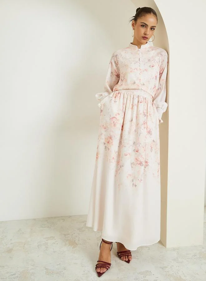Styli Cream Floral Print Top and Maxi Skirt Set Co-ords