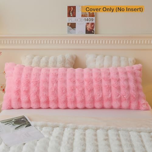 LIFEREVO Fluffy Faux Rabbit Fur Body Pillow Cover, Soft Cute Bubble Waffle Shaggy Plush Bed Body Pillowcase with Zipper Closure, Long 20"x54" Fuzzy Furry Pillow Case for Pregnancy Side Sleeper, Pink - Image 2