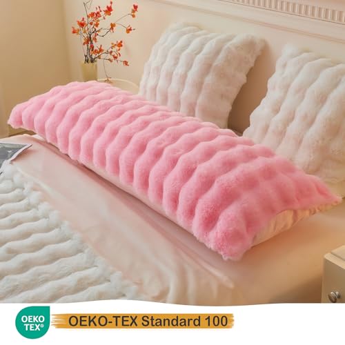LIFEREVO Fluffy Faux Rabbit Fur Body Pillow Cover, Soft Cute Bubble Waffle Shaggy Plush Bed Body Pillowcase with Zipper Closure, Long 20"x54" Fuzzy Furry Pillow Case for Pregnancy Side Sleeper, Pink - Image 3