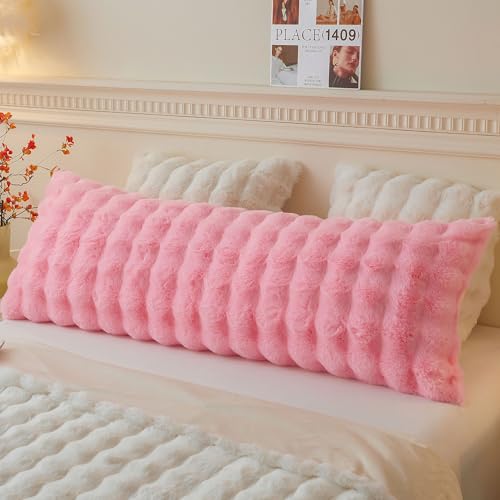 LIFEREVO Fluffy Faux Rabbit Fur Body Pillow Cover, Soft Cute Bubble Waffle Shaggy Plush Bed Body Pillowcase with Zipper Closure, Long 20"x54" Fuzzy Furry Pillow Case for Pregnancy Side Sleeper, Pink - Image 1