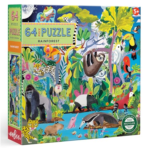 eeBoo Rainforest 64 Piece Puzzle 15 x 15 Jigsaw Vibrant Animal Nature Scene Informational Poster Big Sturdy Dustless Pieces Kids Ages 5 - Image 1