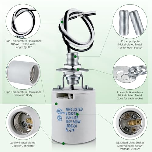 EMNOOTI E26 Light Socket,Standard Medimun Screw Bulb Socket Lamp Holder,E26 Porcelain Light Socket with Wire Lead for Halogen Incandescent LED Light Bulb - Image 3