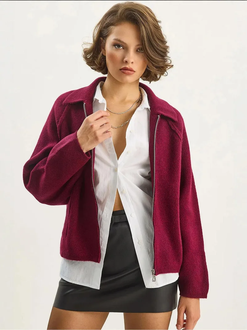 Bianco Lucci LUCCI Ribbed Knit Zipper Cardigan