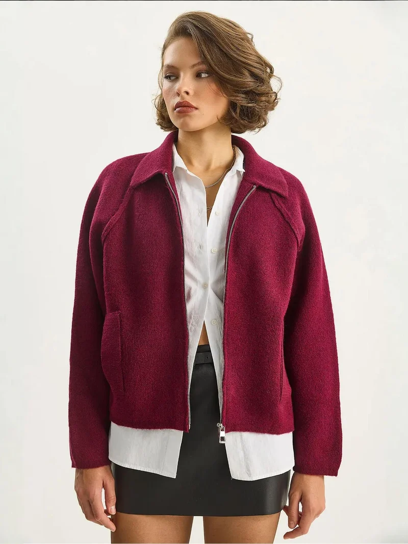 Bianco Lucci LUCCI Ribbed Knit Zipper Cardigan