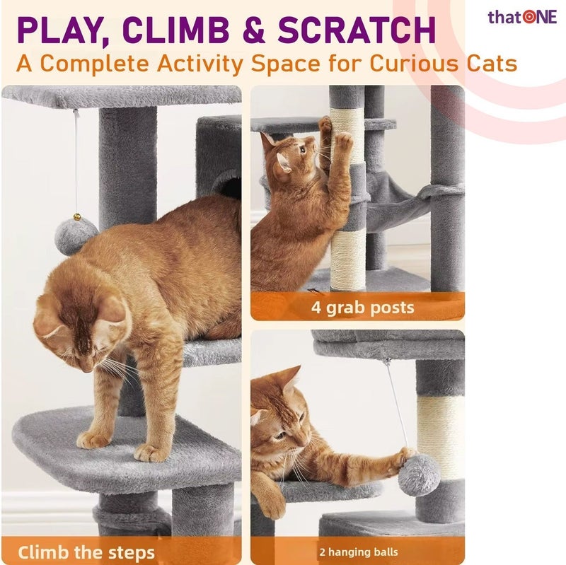 That One Cat Tree Multi-Level Tower Condo Hammock Scratching Post Activity Center Light Grey for Cats & Kittens - Image 3