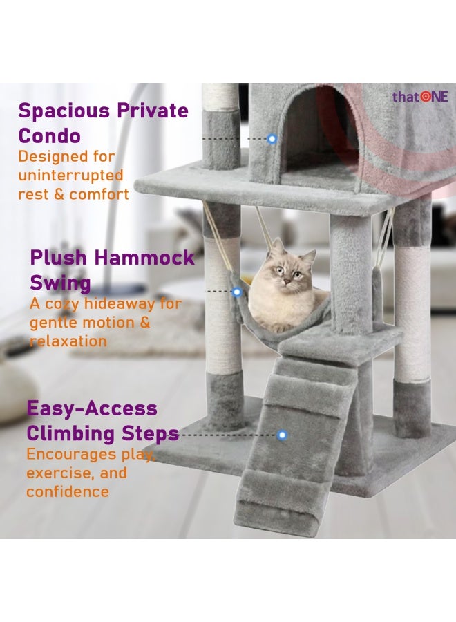 That One Cat Tree Multi-Level Tower Condo Hammock Scratching Post Activity Center Light Grey for Cats & Kittens - Image 2