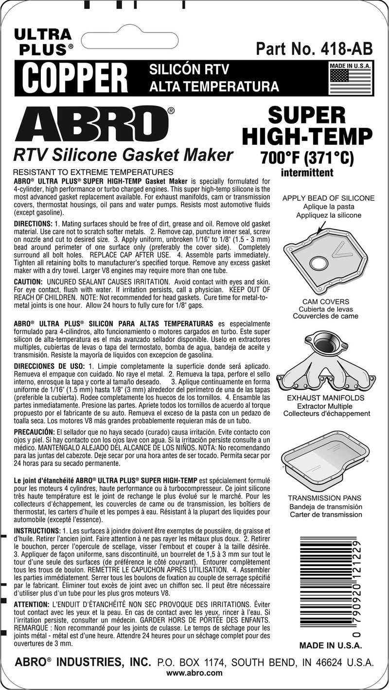 ABRO Ultra Plus 999 RTV Silicone Sealant and Gasket Maker, for Import Engines, Sensor Safe, Non-Corrosive, High Temp Silicone Sealant, 650 Degrees F, 3 oz. Tube - Copper - Image 2