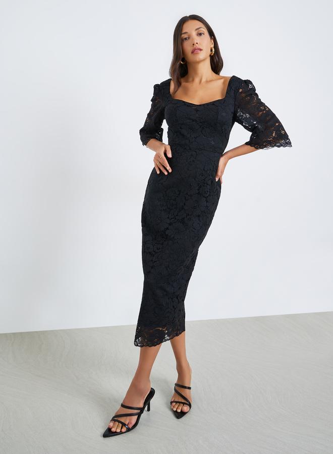 ستايلي فستان ميدي بقصة ضيقة بتفاصيل دانتيل - Image 3