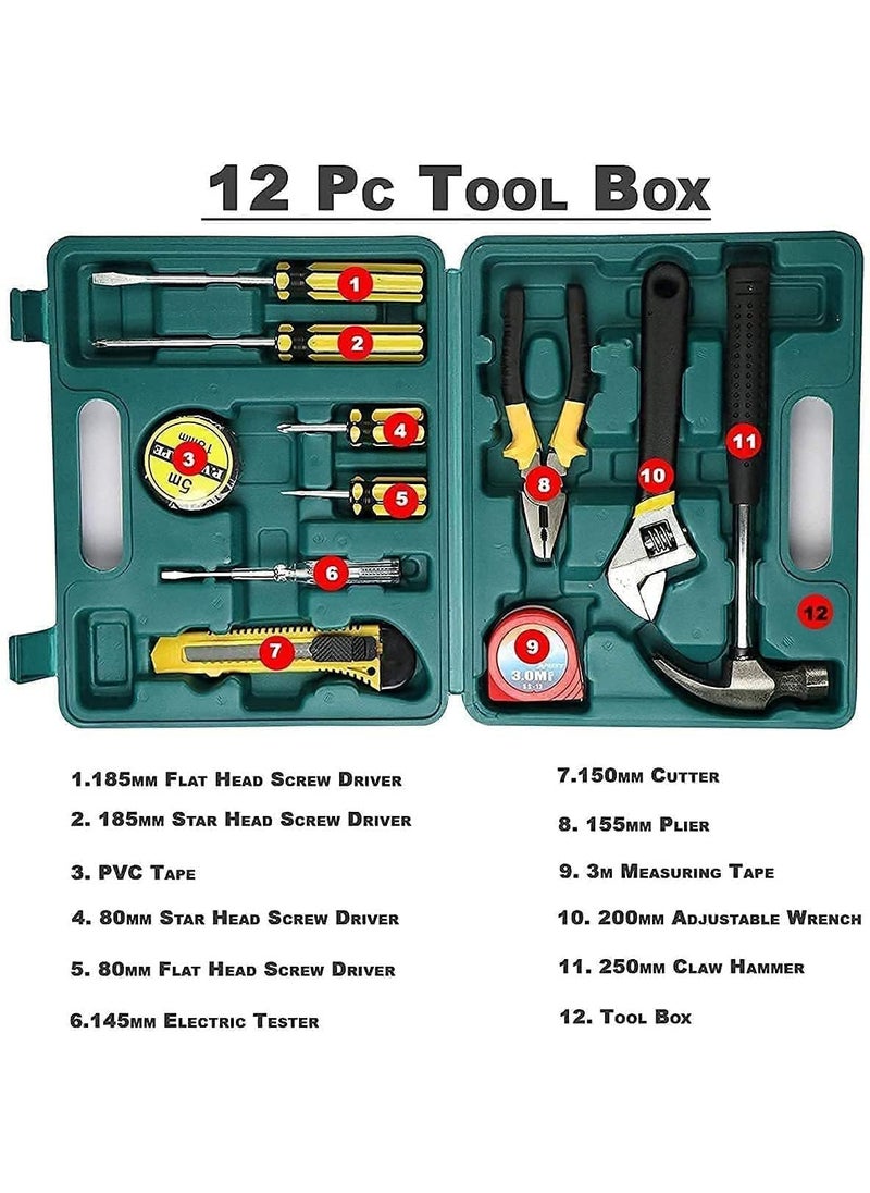 Generic 12 in 1 Electrical Repair Home Hand Tool Kit Set With Screwdriver, Hammer, Measuring Tape, Wrenches, Cutter & Pliers All Accessories Hardware Tool box Mechanical Garage Tool Storage kit Emergency Uses  - Image 2