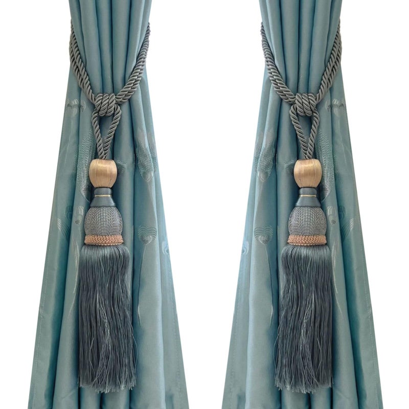 SWTool Selling Wonderful Curtain Holdbacks Curtains Tiebacks Home Decorative Braided Buckle Fastener Accessories Window Drapery Ball Tassels Tiebacks, Set of 2(Gray Blue) - Image 1