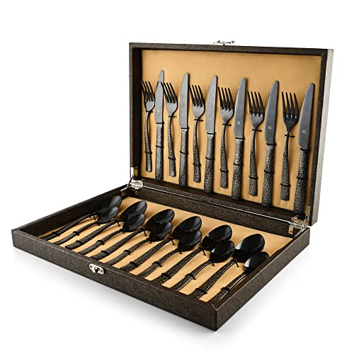 FnS Phoenix Black Finish PVD Coated 24 PCs Cutlery Set with Leatherette Box Packaging - 6 Dinner Spoon, 6 Dinner Forks, 6 Teaspoons & 6 Dinner/Butter Knives - Image 1