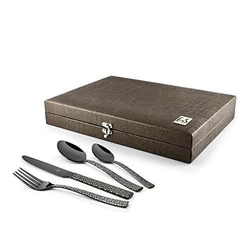 FnS Phoenix Black Finish PVD Coated 24 PCs Cutlery Set with Leatherette Box Packaging - 6 Dinner Spoon, 6 Dinner Forks, 6 Teaspoons & 6 Dinner/Butter Knives - Image 4