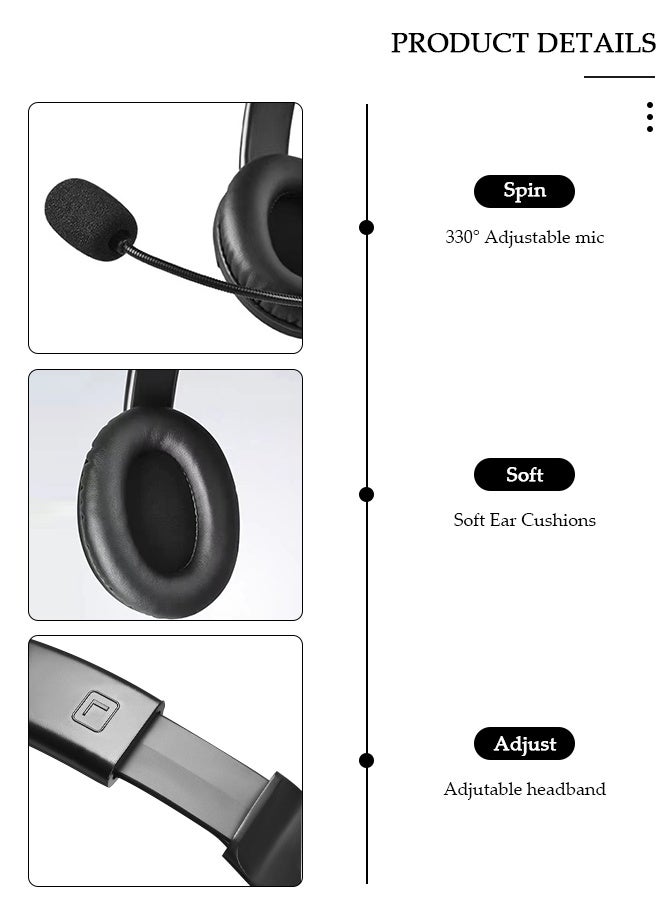 DUNISO USB Call Center Headset with Mic, Wired Over Ear Headphone, Noise Cancelling Microphone of 120 Degrees Rotation, Adjustable Headband , Comfortable Wearing Design for Office，PC,Study - Image 2