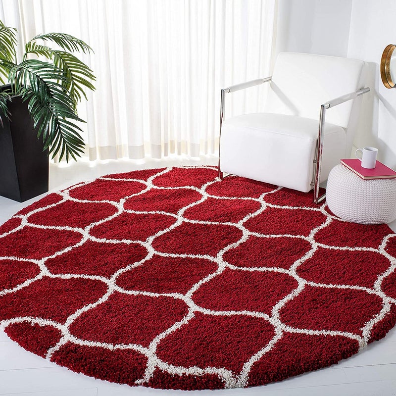 Gleckn Home Furnishing Modern Shaggy Carpets and Rugs for Hall Offices Kitchens Bedroom Living Room and Cabins Red Ivory 3X3 Feet Round