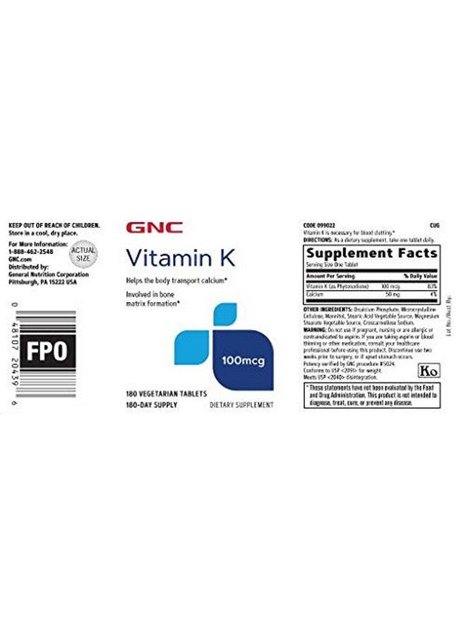 GNC Vitamin K 100mcg, 180 Tablets, Helps The Body Transport Calcium - Image 2