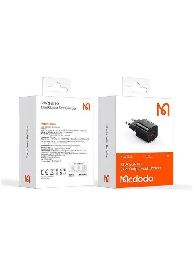 Mcdodo CH-0151 33W GaN Fast Wall Charger, USB-C + USB-A Dual Port, PD Fast Charging, EU Plug, Black - Image 1