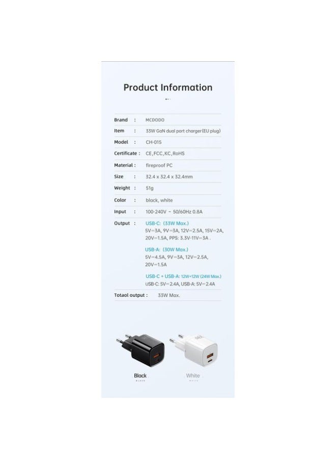 Mcdodo CH-0151 33W GaN Fast Wall Charger, USB-C + USB-A Dual Port, PD Fast Charging, EU Plug, Black - Image 4