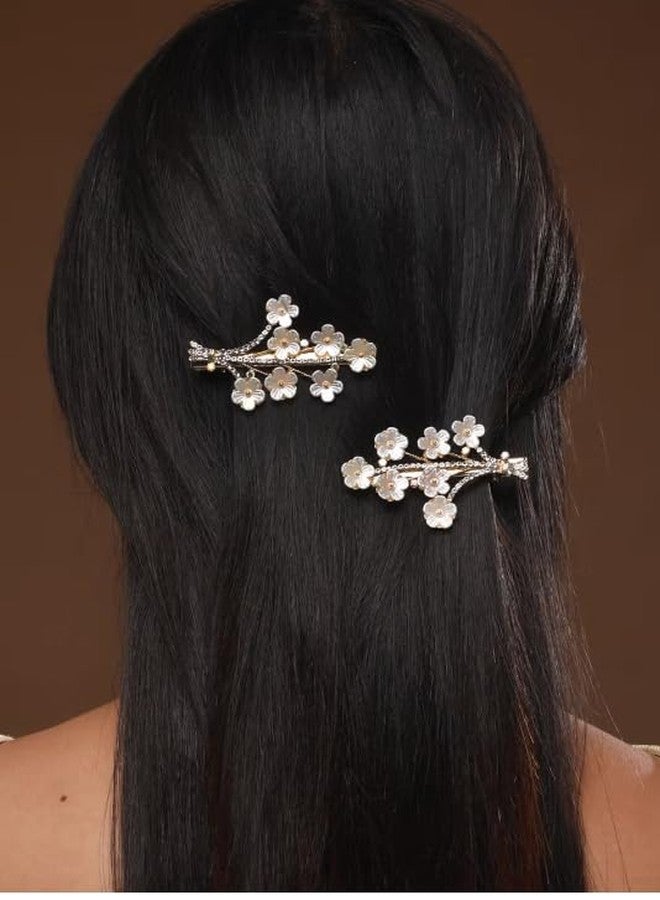Rose Petals Floral Pearl Hair Clips Hairpin Strong Hold Hair Jaw Clips Nonslip Alligator Bb Clip Side Bangs Girls Claw Clips Accessories For Women Thick/Thin Hair (Golden,Pack Of 2 Pcs) (Floral) - Image 2