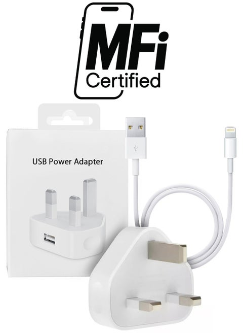 (For Apple iPhone 12 Pro Max) Reliable 3-Pin Charger Adapter with 1m USB-A to Lightning Cable