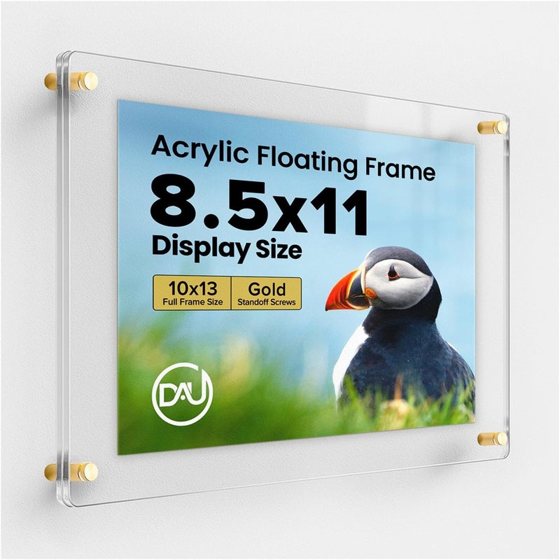 DistinctAndUnique Acrylic Floating Frames Gold Standoffs(single) 8.5" x 11" Clear Acrylic Frames for Wall Mount Floating Picture Frame, Diploma Poster Certificate Hanging Photo Display Degree Prints Artwork Documents - Image 1