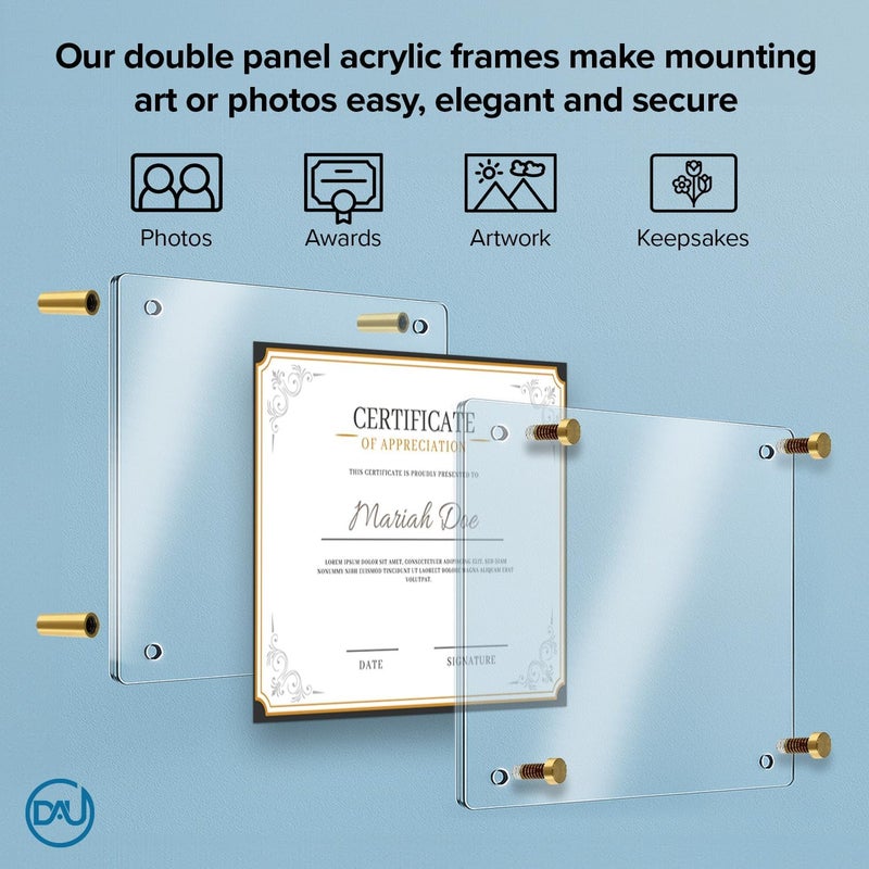 DistinctAndUnique Acrylic Floating Frames Gold Standoffs(single) 8.5" x 11" Clear Acrylic Frames for Wall Mount Floating Picture Frame, Diploma Poster Certificate Hanging Photo Display Degree Prints Artwork Documents - Image 3