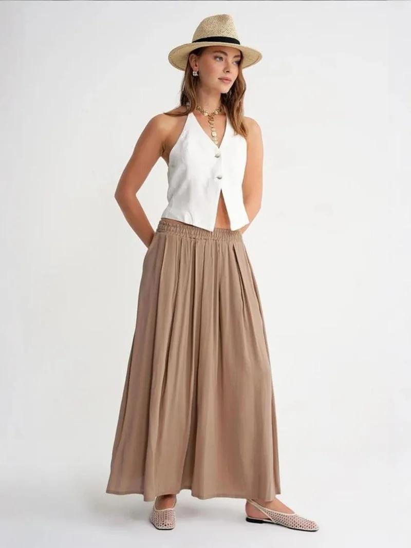 MixRay Camel Brown Mixray High-Waisted Long Skirt with Pockets for Women | Best Price UAE