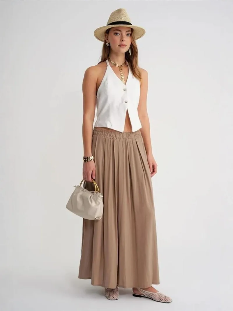 MixRay Camel Brown Mixray High-Waisted Long Skirt with Pockets for Women | Best Price UAE