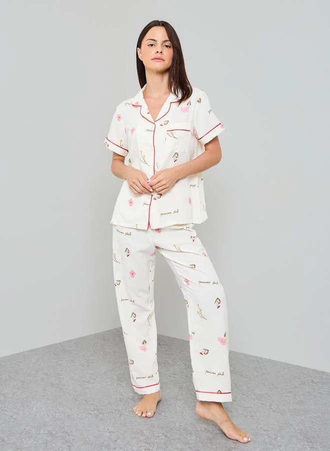Take Two Off White Floral Print Shirt And Pyjama Set