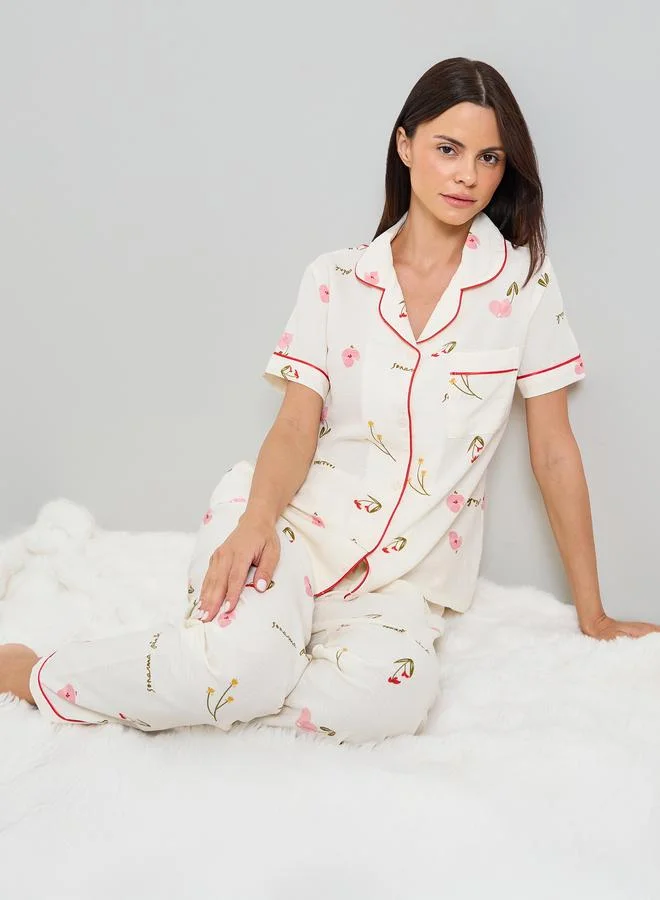 Take Two Off White Floral Print Shirt And Pyjama Set