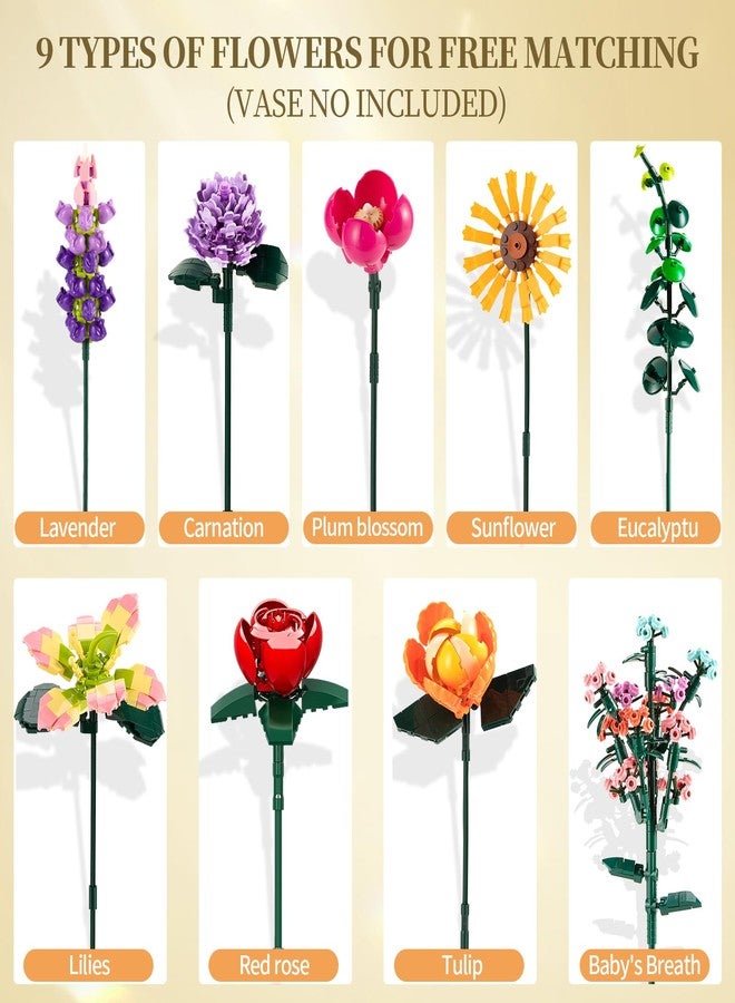 Rasout Flowers Bouquet Building Toy Set, 9 Kinds of Flowers Botanical Collection and Home Office Decorative for Mother's Day, Birthdays, Valentine's Day Gifts, Ideal for 6+ Women Girls Adults, No Vase - Image 4