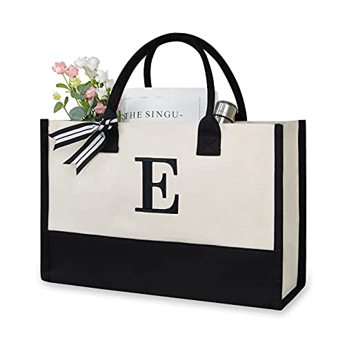 TOPDesign Embroidery Initial Canvas Tote Bag, Personalized Present Bag, Suitable for Wedding, Birthday, Beach, Holiday, is a Great Gift for Women, Mom, Teachers, Friends, Bridesmaids (Letter E) - Image 2