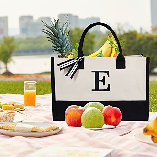 TOPDesign Embroidery Initial Canvas Tote Bag, Personalized Present Bag, Suitable for Wedding, Birthday, Beach, Holiday, is a Great Gift for Women, Mom, Teachers, Friends, Bridesmaids (Letter E) - Image 4