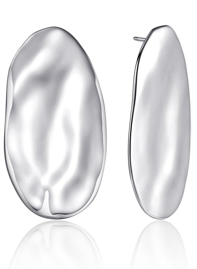Lemon Grass Oversized Organic-Shaped Earrings | Rhodium Plated Large Shield Earrings Polished Statement Earrings for Women - Image 1