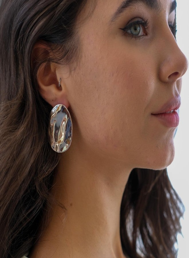 Lemon Grass Oversized Organic-Shaped Earrings | Rhodium Plated Large Shield Earrings Polished Statement Earrings for Women - Image 3
