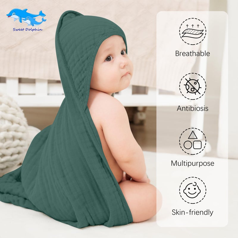 SWEET DOLPHIN Muslin Hooded Baby Bath Towels - 2 Pack 100% Cotton Towel for Babies, Infants, Toddlers - 32x32Inch - Highly Absorbent and Newborn Essential, Deep Emerald - Image 2