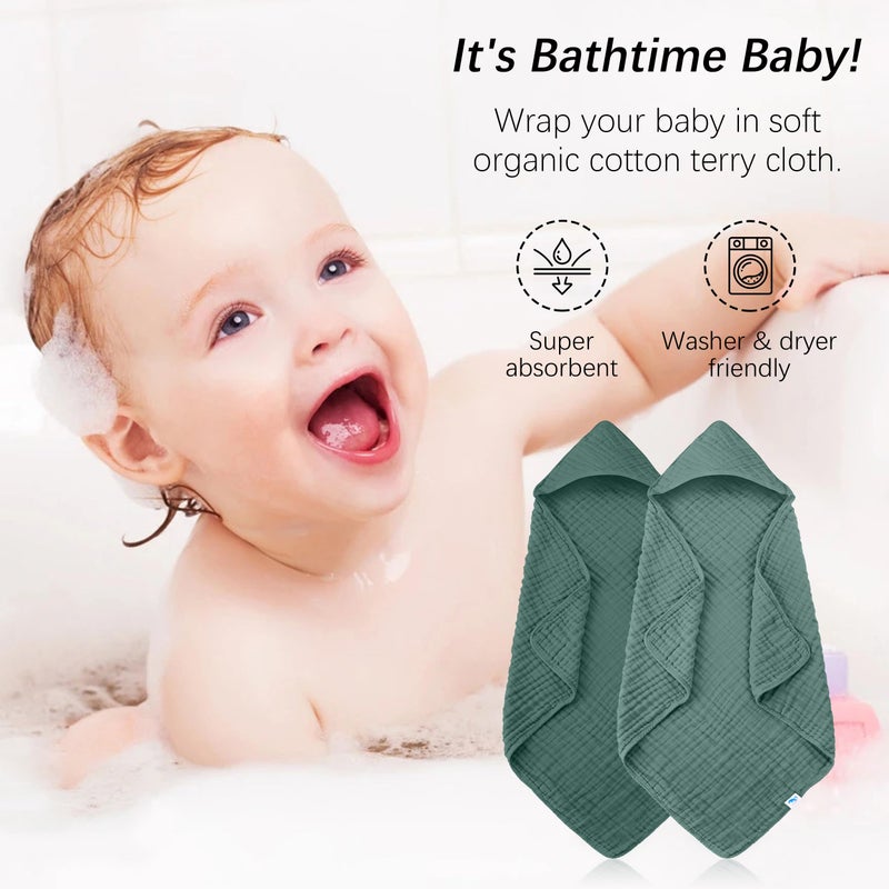 SWEET DOLPHIN Muslin Hooded Baby Bath Towels - 2 Pack 100% Cotton Towel for Babies, Infants, Toddlers - 32x32Inch - Highly Absorbent and Newborn Essential, Deep Emerald - Image 3