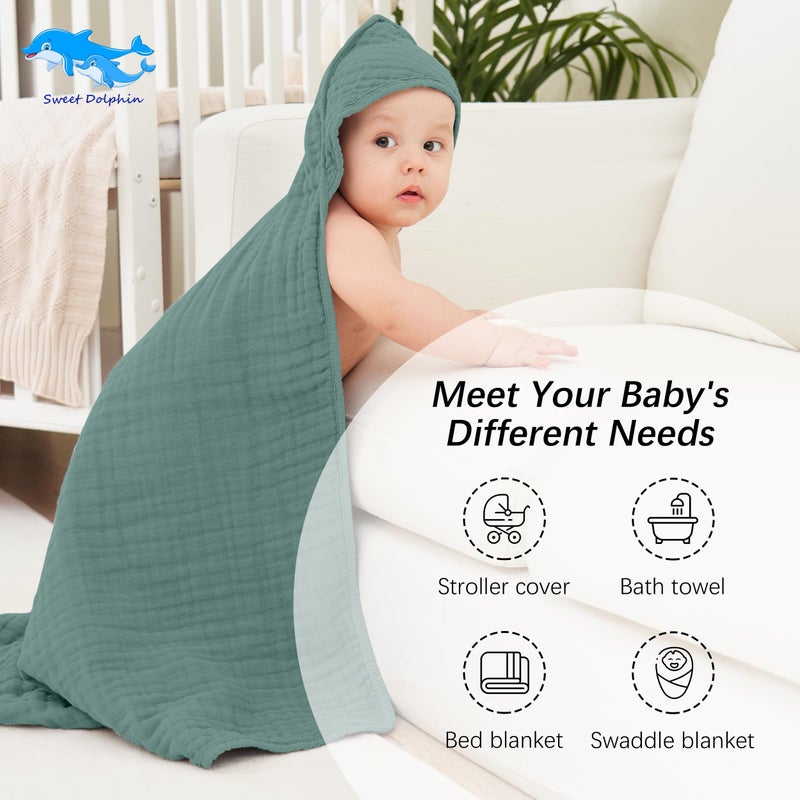 SWEET DOLPHIN Muslin Hooded Baby Bath Towels - 2 Pack 100% Cotton Towel for Babies, Infants, Toddlers - 32x32Inch - Highly Absorbent and Newborn Essential, Deep Emerald - Image 5