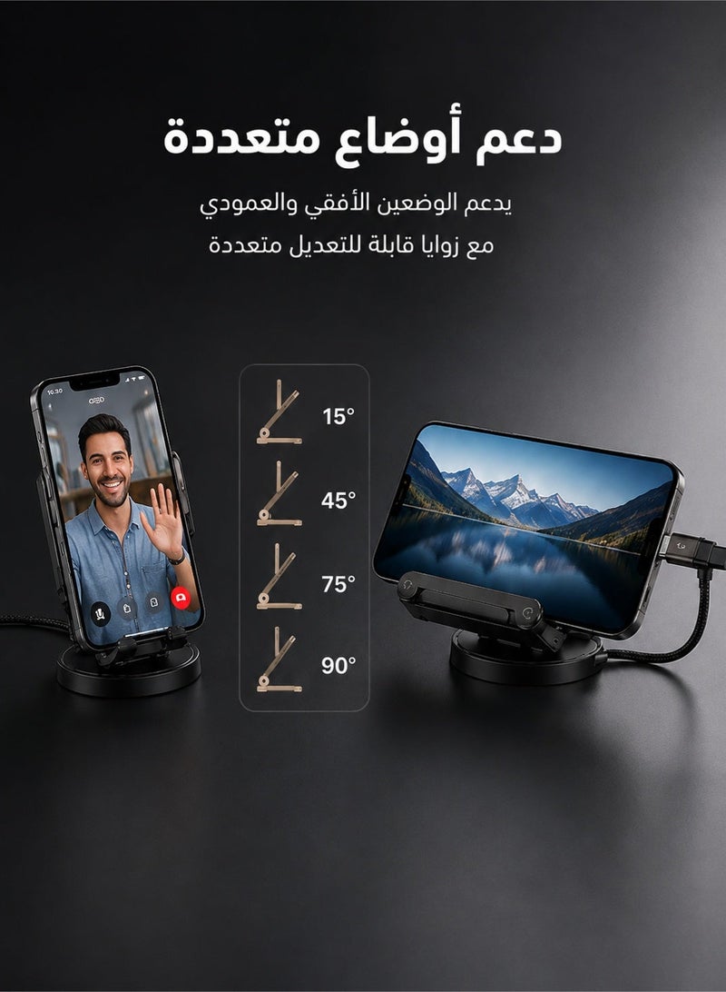 PEI  AN Black  240W Dual Type C Cable with Folding Phone Stand, Right Angle Design for Desktop Use, Supports Data Transfer and Fast Charging - Image 2