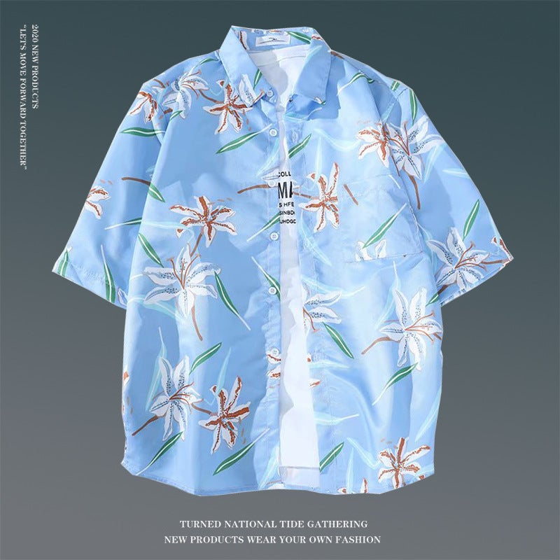 Hawaiian Floral Shirt Men Retro Casual Loose Trendy Beach Vacation Short Sleeve 8960 light blue