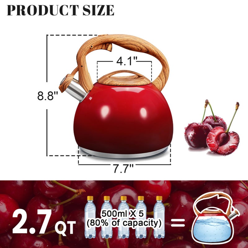 GGC Tea Kettle for Stove Top, 3.1QT/3L Whistling Tea Kettles for Boiling Water Coffee or Milk, Gradient Red Pot with Wood Parttern Handle, Stainless Steel Kettle Pot for Home and Kitchen - Image 3