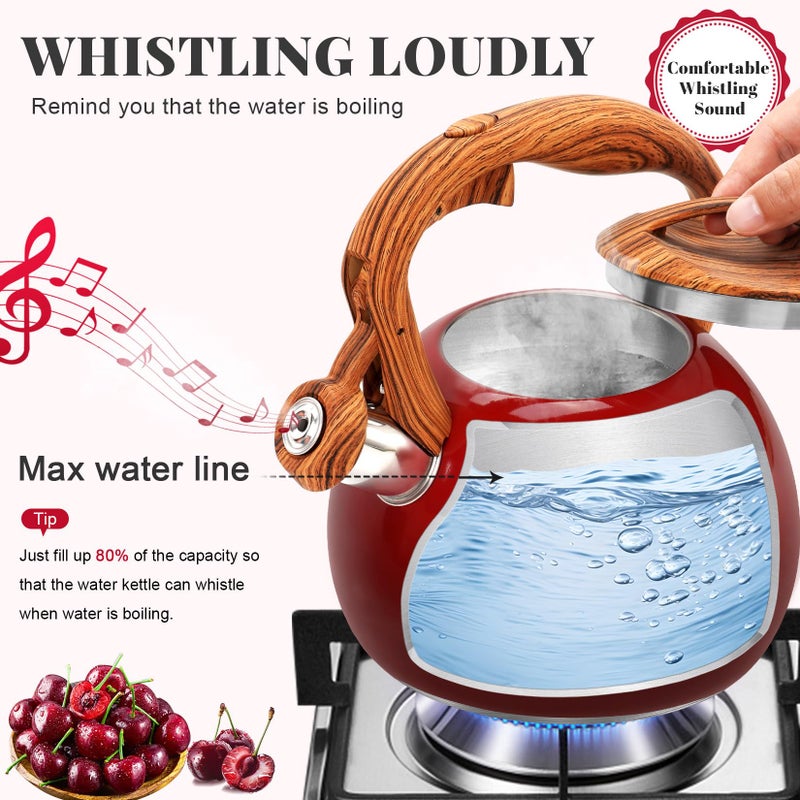 GGC Tea Kettle for Stove Top, 3.1QT/3L Whistling Tea Kettles for Boiling Water Coffee or Milk, Gradient Red Pot with Wood Parttern Handle, Stainless Steel Kettle Pot for Home and Kitchen - Image 4