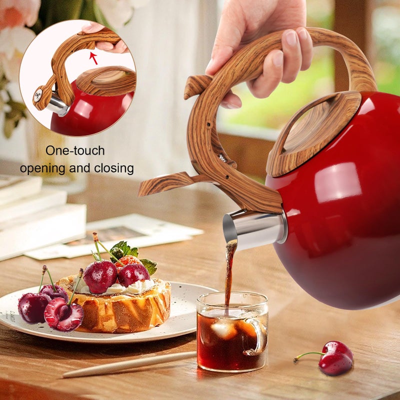 GGC Tea Kettle for Stove Top, 3.1QT/3L Whistling Tea Kettles for Boiling Water Coffee or Milk, Gradient Red Pot with Wood Parttern Handle, Stainless Steel Kettle Pot for Home and Kitchen - Image 5